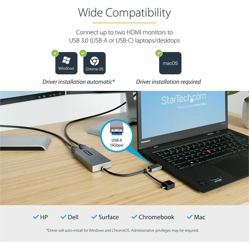 StarTech.com USB to Dual HDMI Adapter, USB A/C to 2x HDMI Displays (1x 4K30, 1x 1080p), USB 3.0 to HDMI Converter, 4in/11cm Cable, Win/Mac - Thumbnail 4