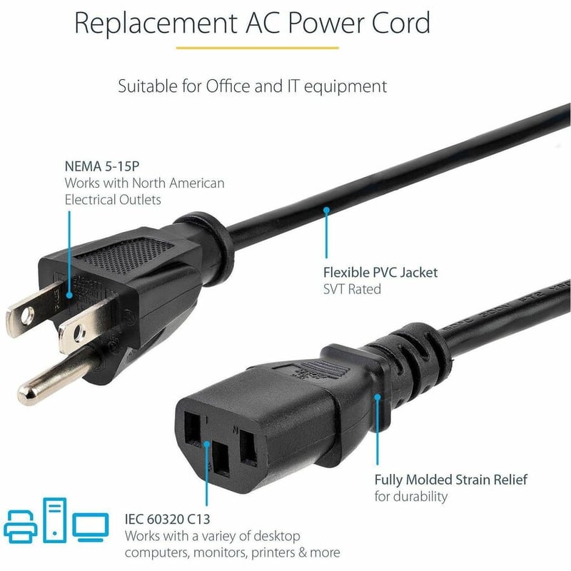 StarTech.com 6ft 1(1.8m) Computer Power Cord, NEMA 5-15P to C13, 10A 125V, 18AWG, Black Replacement AC PC Power Cord, TV/Monitor Power Cable - Thumbnail 3