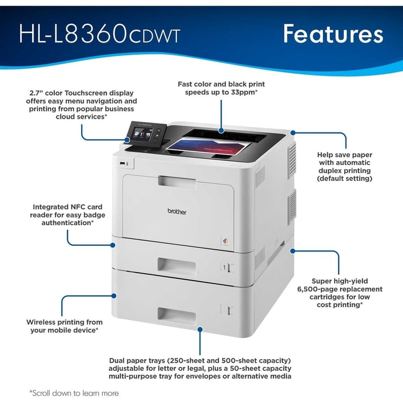 Brother Business Color Laser Printer HL-L8360CDWT - Wireless Networking - Dual Trays - Thumbnail 2