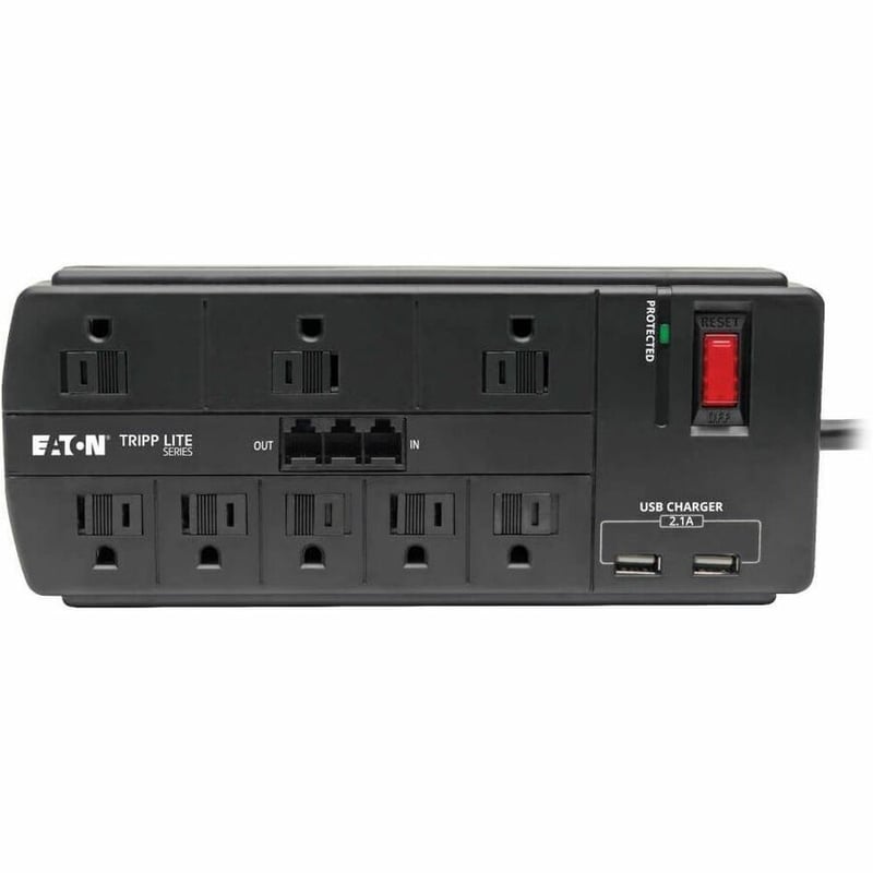 Tripp Lite by Eaton 8-Outlet Surge Protector with 2 USB Ports (2.1A Shared) - 8 ft. (2.43 m) Cord 1200 Joules Tel/Modem Black - Thumbnail 2