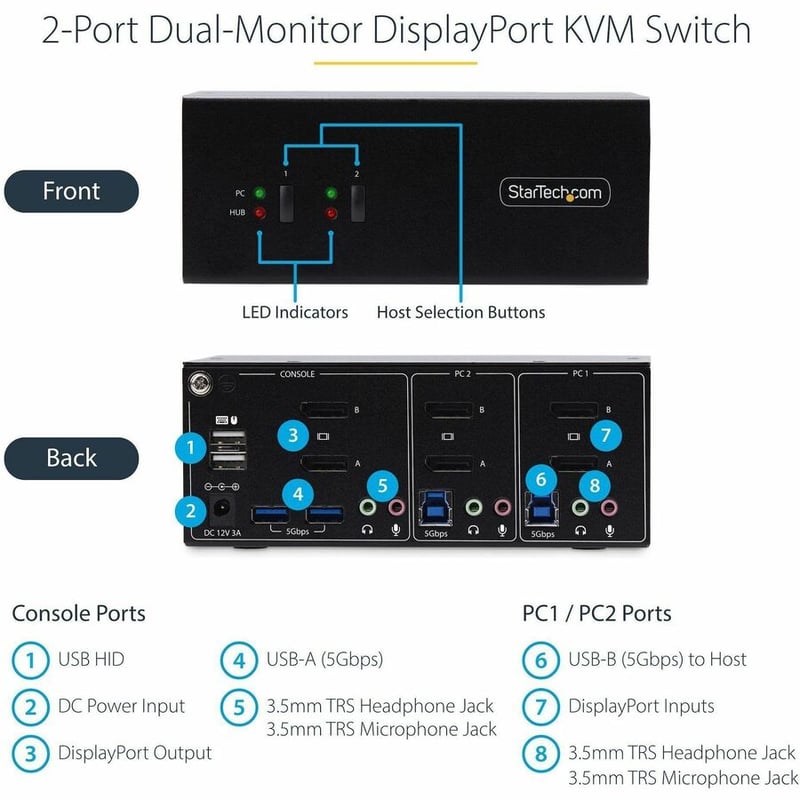 StarTech.com 2-Port Dual-Monitor DisplayPort KVM Switch, 4K 60Hz, 2x USB 5Gbps Ports, Hotkey/Push-Button Switching, TAA Compliant - Thumbnail 3