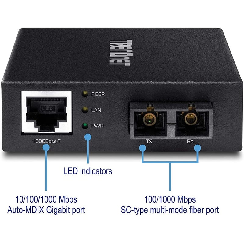 TRENDnet 1000Base-T to 1000Base-SX Multi-Mode SC Fiber Converter; Up to 550m (1800 ft.); 2 Gbps Switching Capacity; TFC-GMSC - Thumbnail 2
