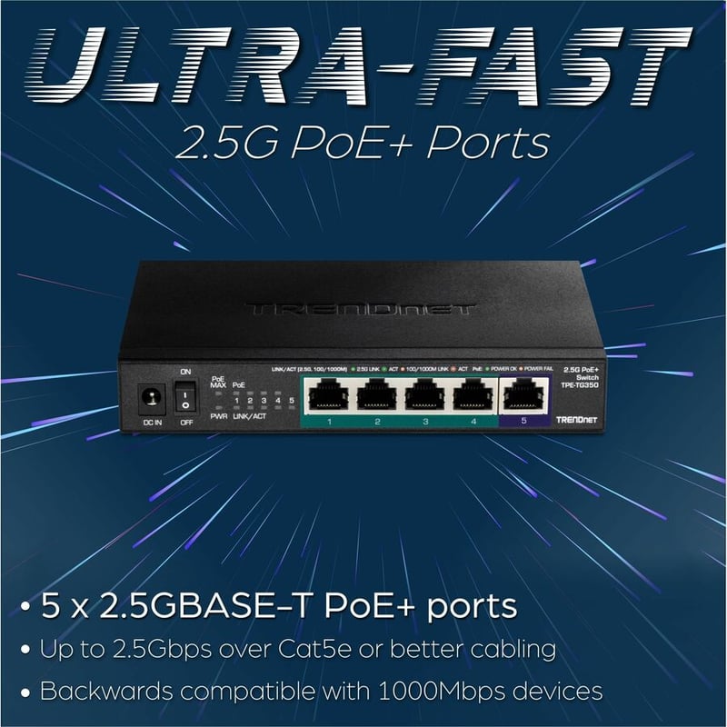TRENDnet 5-Port Unmanaged 2.5G PoE+ Switch, Fanless, Compact Desktop Design, Metal Housing, 2.5GBASE-T Ports, IEEE 802.3bz, 55W PoE Budget, Life protection, Black, TPE-TG350 - Thumbnail 3