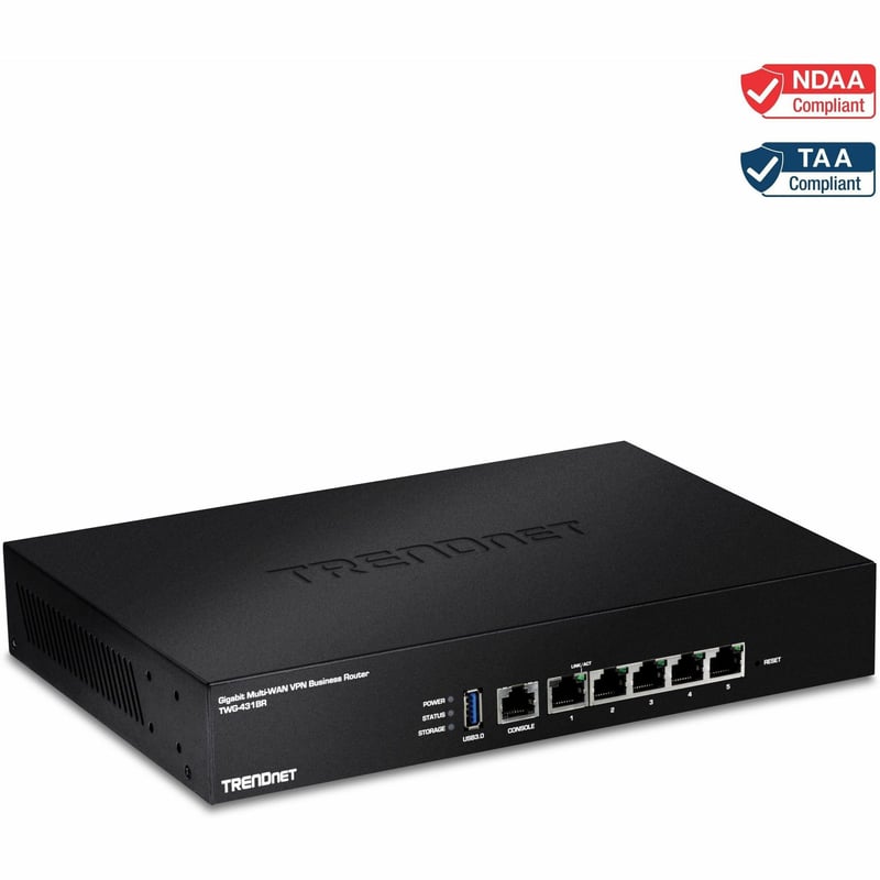 TRENDnet Gigabit Multi-WAN VPN Business Router; TWG-431BR; 5 x Gigabit ports; 1 x Console Port; QoS; Inter-VLAN Routing; Dynamic Routing; Load-Balancing; High Availability; Online Firmware Updates - Thumbnail 1