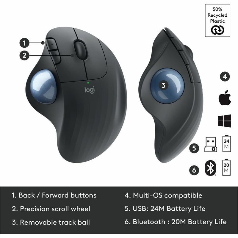 Logitech ERGO M575 Wireless Trackball Mouse - Easy thumb control, precision and smooth tracking, ergonomic comfort design, for Windows, PC and Mac with Bluetooth and USB capabilities (Black)