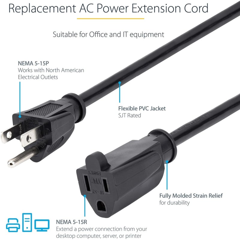 StarTech.com 15ft (4.5m) Power Extension Cord, NEMA5-15R to NEMA5-15P Black Extension Cord, 13A 125V, 16AWG, Computer Power Extension Cable - Thumbnail 2