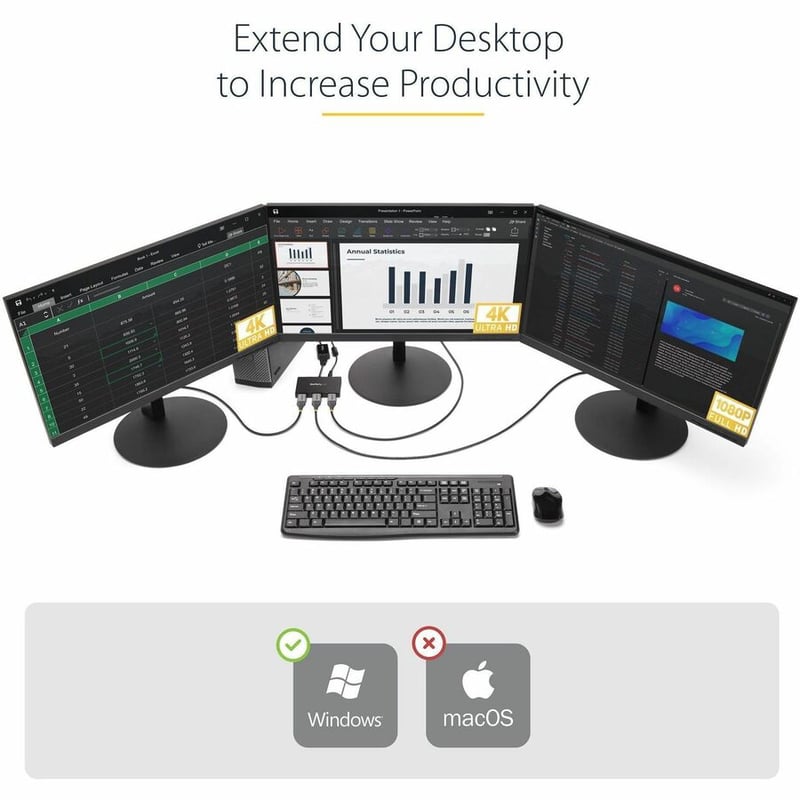 StarTech.com 3-Port DisplayPort 1.2 Splitter, DisplayPort to 3x DP Multi-Monitor Adapter, Dual 4K 30Hz and 1080p Computer MST Hub, Windows - Thumbnail 2
