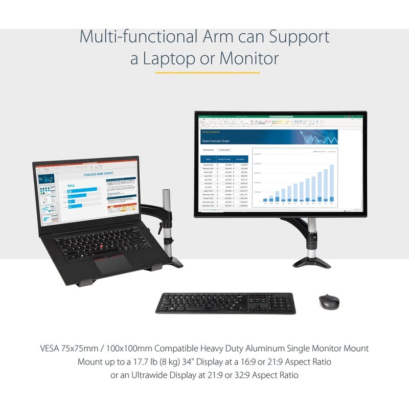 StarTech.com Desk Mount Laptop Arm, Full Motion Articulating Arm/Stand for Laptop or 34" (17.6lb/8kg) Monitor, VESA Mount Laptop Tray