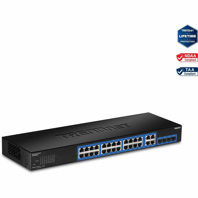 TRENDnet 28-Port Gigabit Web Smart Switch; 24 x Gigabit Ports; 4 x Shared Gigabit Ports (RJ-45/SFP); VLAN; QoS; LACP; IPv6; 56Gbps Switching Capacity; Lifetime Protection; TEG-284WS - Thumbnail 1