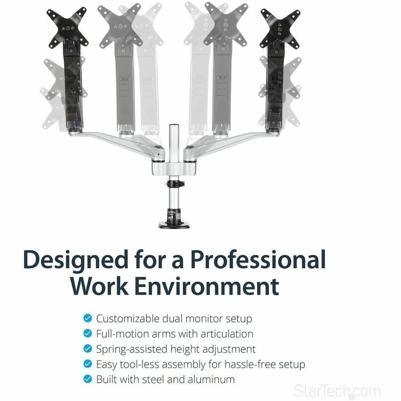 StarTech.com Desk Mount Dual Monitor Arm, Full Motion, Premium Dual Monitor Mount for up to 30"(19.8lb/9kg) VESA Mount Monitors, Tool-less - Thumbnail 3