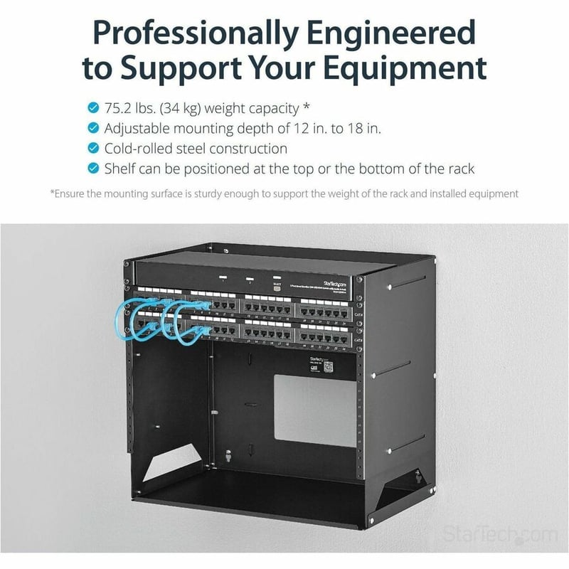 StarTech.com 2-Post 8U Open Frame Wall Mount Network Rack with Built-in Shelf and Adjustable Depth, Computer Rack for IT Equipment, TAA~ - Thumbnail 3