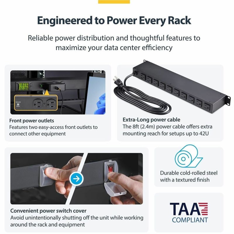 12-OUTLET HORIZONTAL RACK MOUNT PDU - 1U POWER DISTRIBUTION TAA - Thumbnail 4
