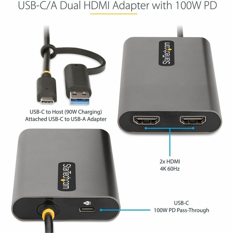 StarTech.com USB-C to Dual-HDMI Adapter, USB-C/A to 2x HDMI, 4K 60Hz, 100W PD Pass-Through, 1ft/30cm Built-in Cable, USB to HDMI Converter - Thumbnail 3