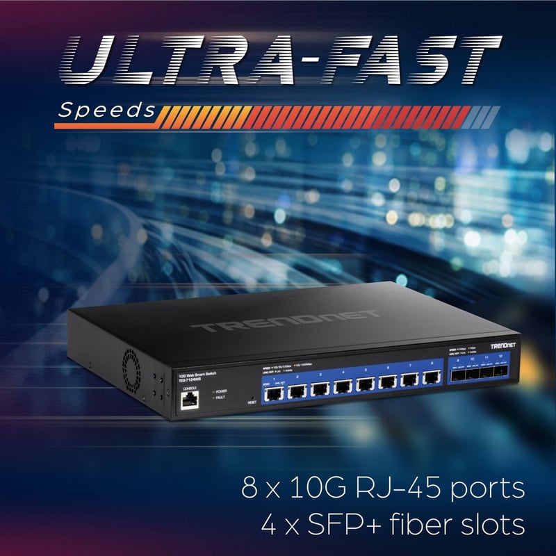 TRENDnet 12-Port 10G Web Smart Switch, 8 x 10G RJ-45 Ports, 4 x SFP+ Slots, VLAN, QoS, LACP, and IPv6 Support, Web Smart Management, Rack Mountable Housing, Lifetime Protection, Black, TEG-7124WS - Thumbnail 4