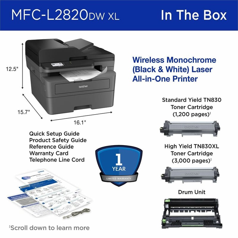 Brother Wireless MFC-L2820DW XL Compact Monochrome All-in-One Laser Printer with Copy, Scan and Fax, up to 4,200 pages of toner included, Duplex and Mobile Printing
