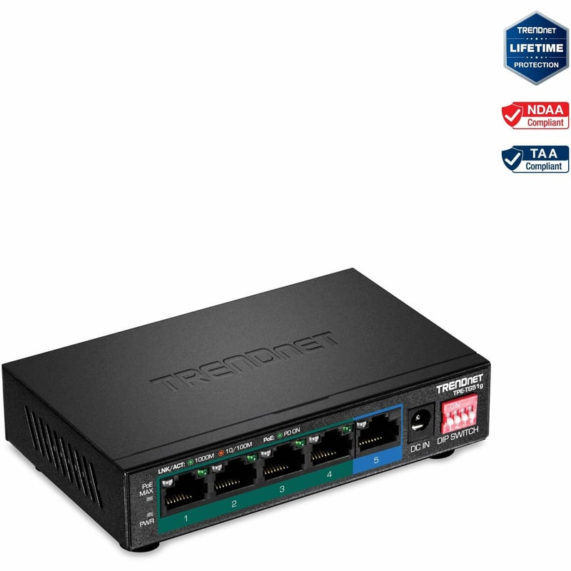 TRENDnet 5-Port Gigabit PoE+ Switch, Camera DIP Switch extends PoE+ 200m (656 ft.), 60W PoE Budget, Black, TPE-TG51g - Thumbnail 1