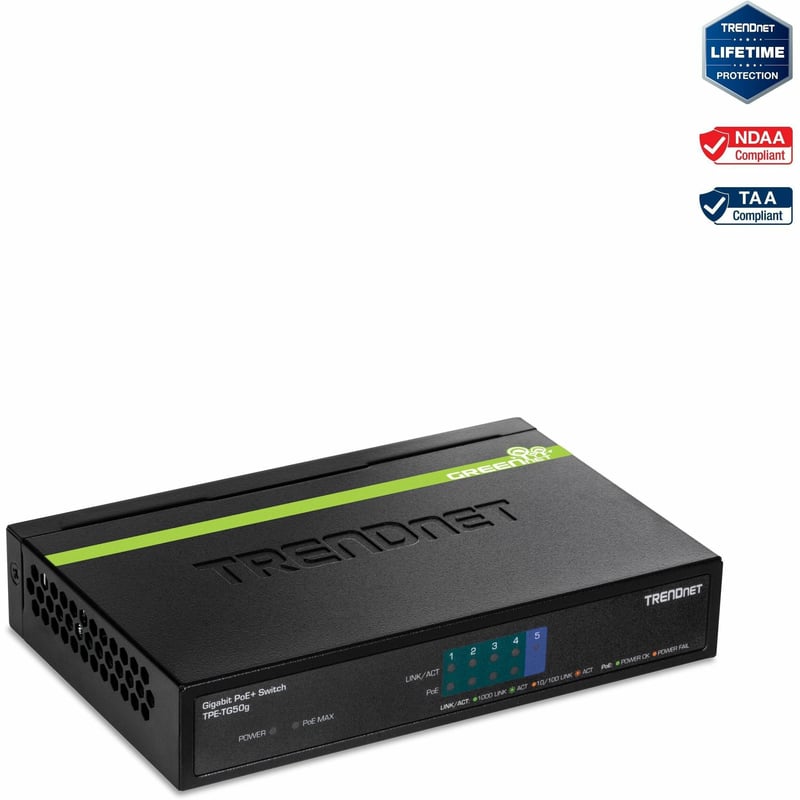 TRENDnet 5-Port Gigabit PoE+ Switch, 31 W PoE Budget, 10 Gbps Switching Capacity, Data & Power Through Ethernet To PoE Access Points And IP Cameras, Full & Half Duplex, Black, TPE-TG50g - Thumbnail 1