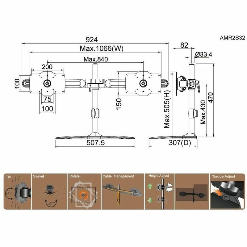 Amer Mounts Stand Based Dual Monitor Mount for two 24"-32" LCD/LED Flat Panel Screens - Thumbnail 3