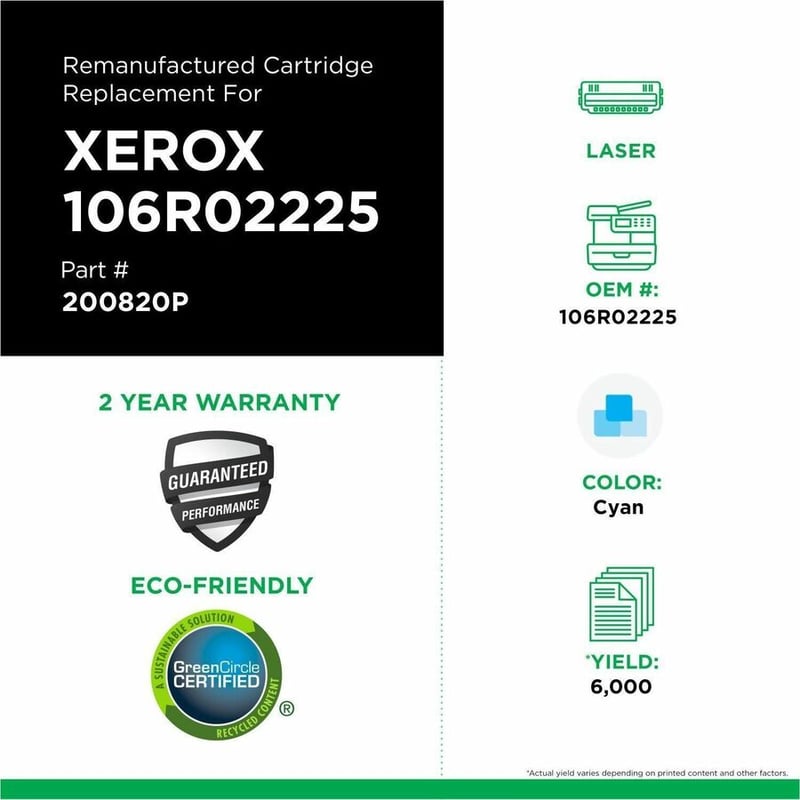 Clover Imaging Remanufactured High Yield Cyan Toner Cartridge for Xerox 106R02225 - Thumbnail 3
