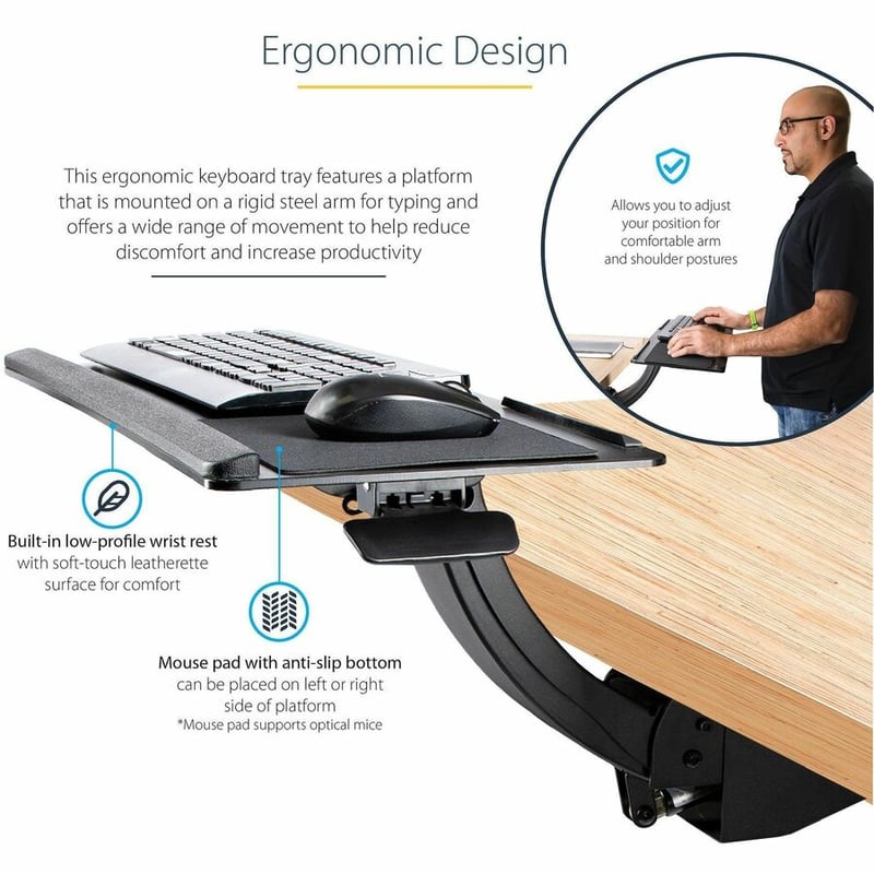 StarTech.com Under Desk Keyboard Tray, Height Adjustable Keyboard and Mouse Tray (10" x 26"), Ergonomic Computer Keyboard Tray w/Mouse Pad - Thumbnail 5