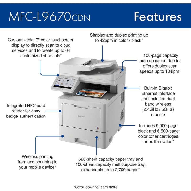 Brother Workhorse MFC-L9670CDN Enterprise Color Laser All-in-One Printer with Fast Printing, Large Paper Capacity, and Advanced Security Features - Thumbnail 2