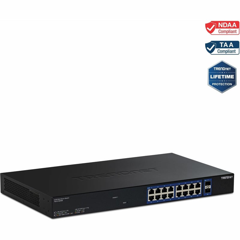 TRENDnet 18-Port Multi-Gig Web Smart Switch, TEG-3182WS, 16 x 2.5Gb Ports, 2 x 10Gb SFP+ Ports, NDAA TAA Compliant, Lifetime Protection, Remote Cloud Management, Black - Thumbnail 1