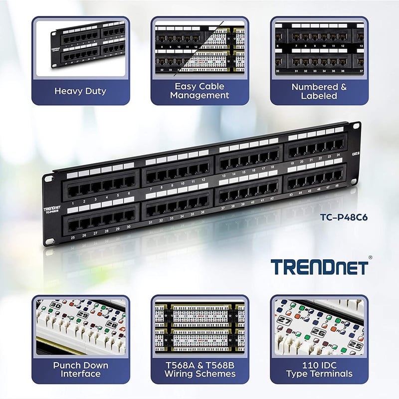 TRENDnet 48-Port Cat6 Unshielded Patch Panel, Wallmount Or Rackmount, Compatible With Cat3,4,5,5e,6 Cabling, For Ethernet, Fast Ethernet, Gigabit Applications, Black, TC-P48C6 - Thumbnail 2