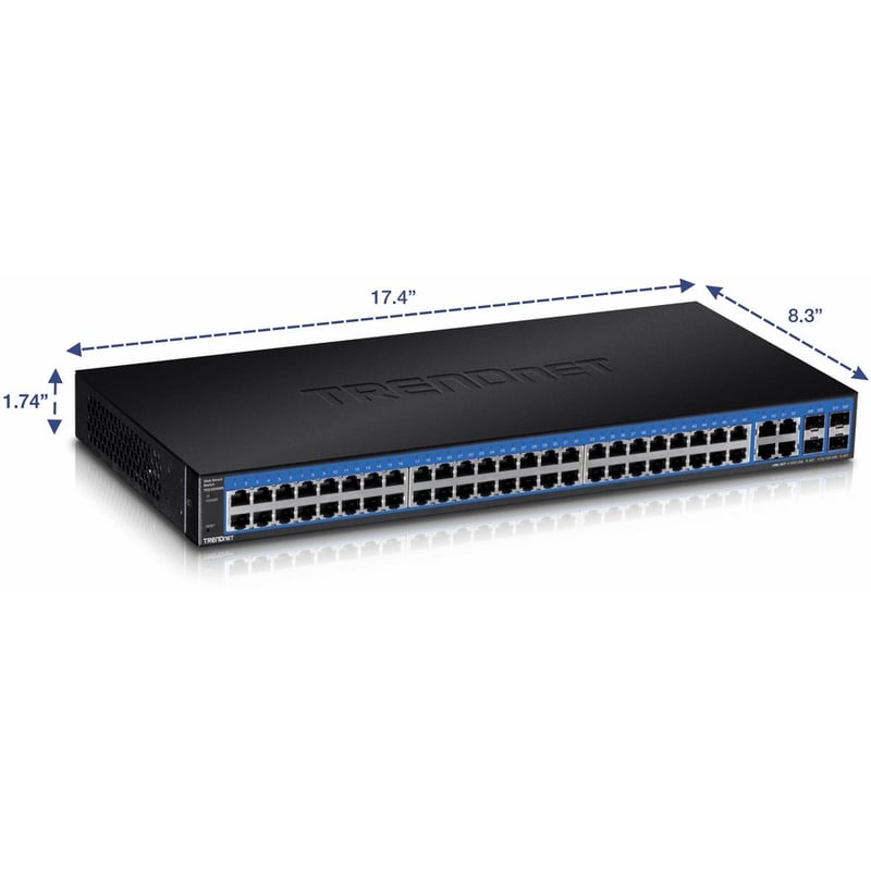 TRENDnet 52-Port Gigabit Web Smart Switch, 48 Gigabit RJ-45 Ports, 4 Shared Gigabit Ports (RJ-45 or SFP), 104 Gbps Switching Capacity, VLAN, QoS, LACP, IPv6, Lifetime Protection, Black, TEG-524WS - Thumbnail 3