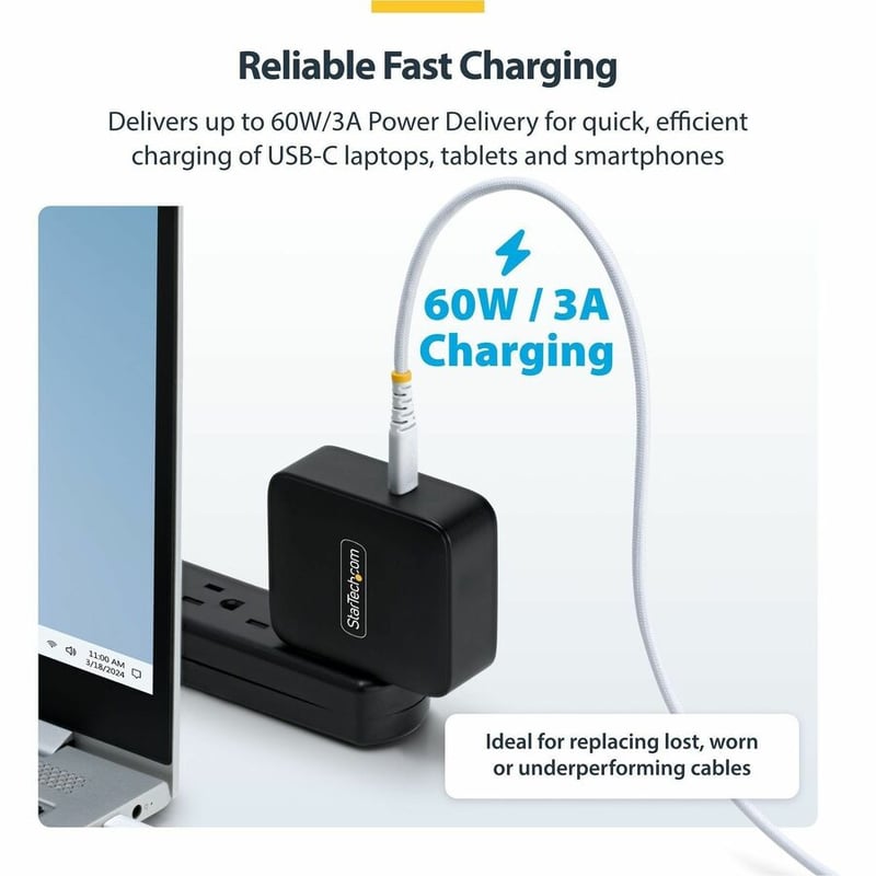 6IN WHITE USB-C CHARGING CABLE 60W PD/RUGGED USB 2.0 CHARGER CORD - Thumbnail 3