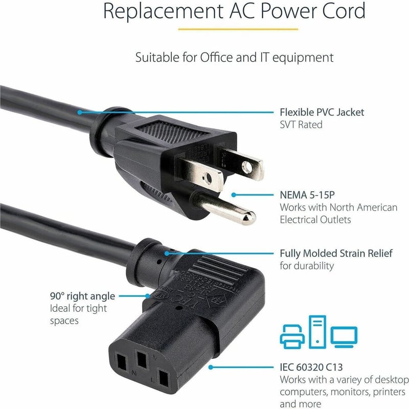 StarTech.com 6ft (1.8m) Computer Power Cord, NEMA 5-15P to Right Angle C13, 10A 125V, 18AWG, Replacement AC Power Cord, Monitor Power Cable