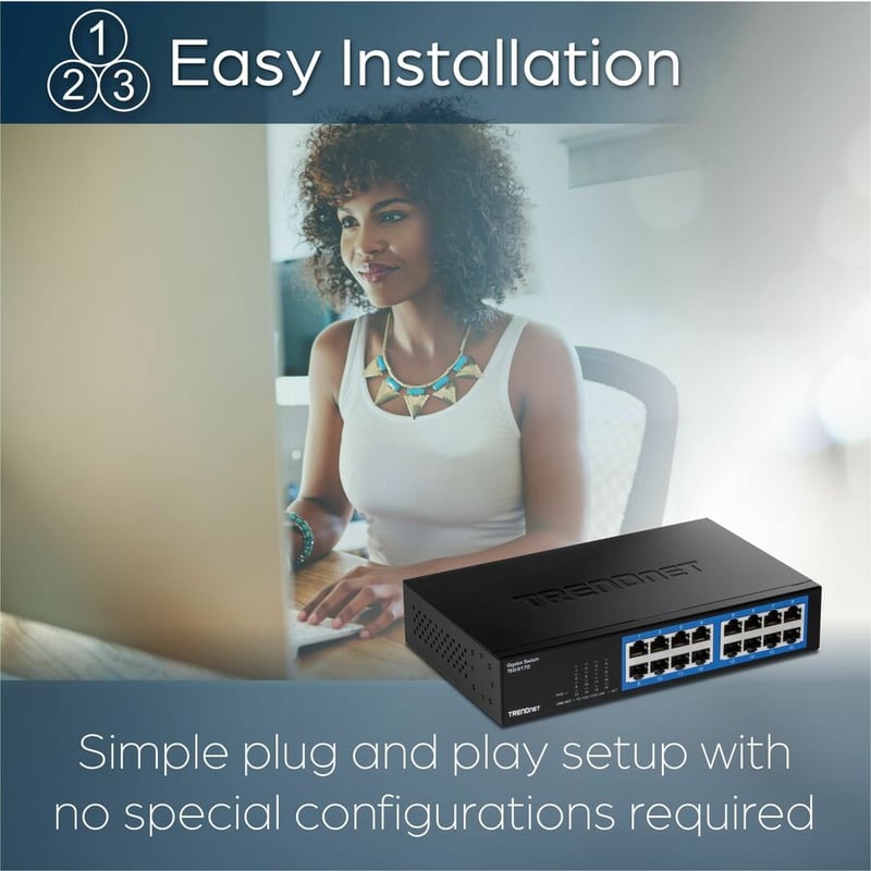 TRENDnet 16-Port Gigabit Desktop Switch, TEG-S17D, 16 x Gigabit RJ-45 Ports, 32Gbps Switching Capacity, Fanless Design, Metal Enclosure, Internal Power Supply, Lifetime Protection, Black - Thumbnail 3