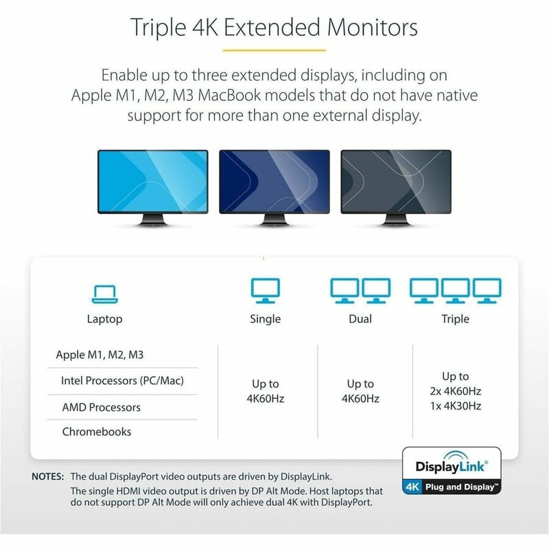 StarTech.com USB C Dock - Compatible with Windows / macOS - Supports Triple 4K Ultra HD Monitors - 60W Power Delivery - Power and Charge Laptop and Peripherals - DK30CH2DPPD - Thumbnail 5