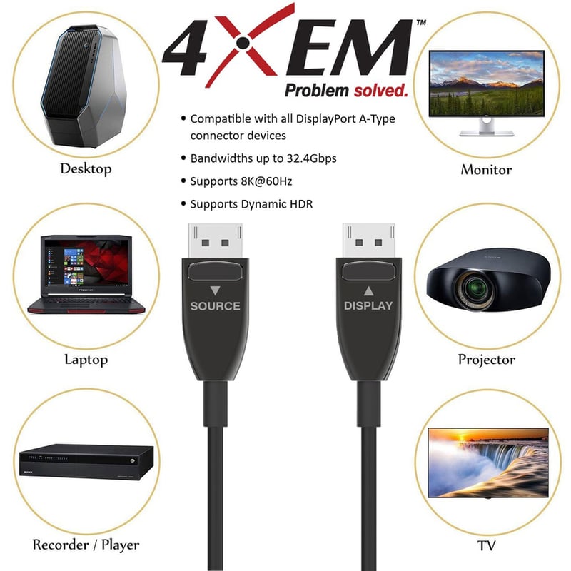 4XEM 20M 65ft Active Optical Fiber 1.4 DisplayPort Cable - Thumbnail 3