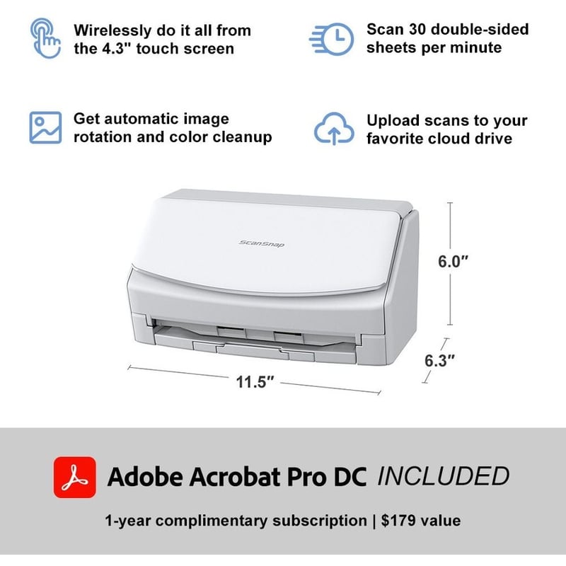 Fujitsu ScanSnap IX1500 Deluxe Scanner with Adobe Acrobat Pro DC 30 ppm (Mono) - 30 ppm (Color) - Duplex Scanning - USB - Thumbnail 4