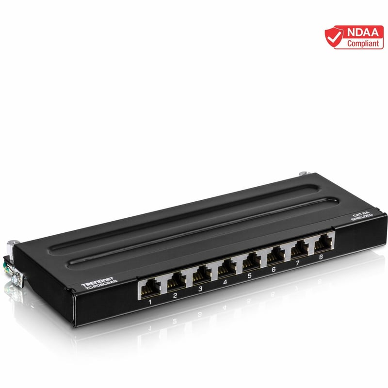 TRENDnet 8-Port Cat6A Shielded Patch Panel, Wall Mount Ready, 10G Ready, Cat5e,Cat6,Cat6A Compatible, Metal Housing, Color-Coded Labeling for T568A & T568B Wiring, Cable Management, Black, TC-P08C6AS - Thumbnail 1
