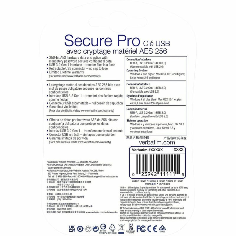Verbatim 64GB Store 'n' Go Secure Pro USB 3.0 Flash Drive with AES 256 Hardware Encryption - Silver - Thumbnail 2