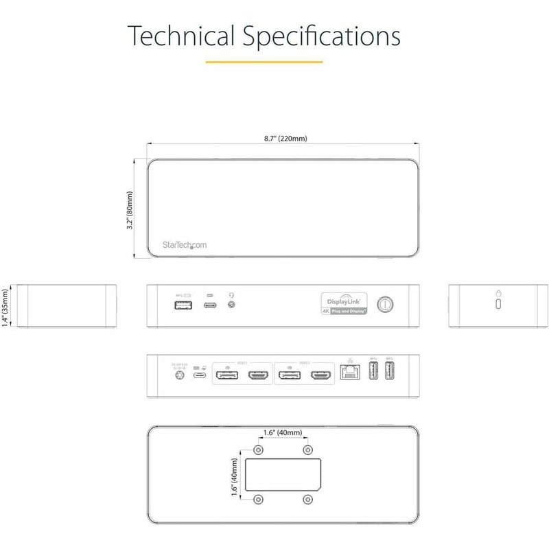 StarTech.com USB-C & USB-A Dock - Hybrid Universal Laptop Docking Station w/ 100W Power Delivery - Dual Monitor 4K 60Hz HDMI & DisplayPort - Thumbnail 3