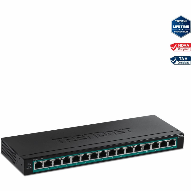 TRENDnet 16-Port Gigabit PoE+ Switch; TPE-TG160H; 123W PoE Power Budget; 32 Gbps Switching Capacity; Desktop Switch; Ethernet Network Switch; Metal; 1U 10" Rack Mountable; Lifetime Protection - Thumbnail 1
