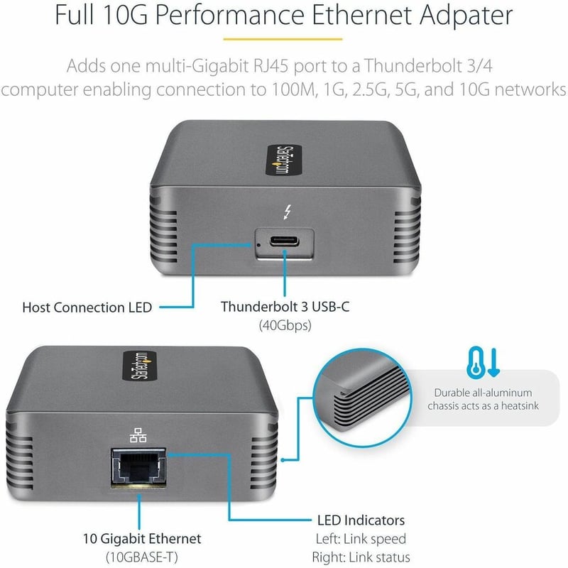 StarTech.com Thunderbolt 3 to Ethernet Adapter, 10GbE, Multi-Gigabit Thunderbolt 3 to RJ45 Network Adapter, TB3/TB4 10GbE NIC - Thumbnail 3