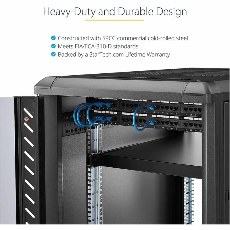 StarTech.com 1U 4-Post 19.5 to 38in Adjustable Mounting Depth Rack Mount Shelf - Heavy Duty Fixed Rack Shelf - 330 lb / 150kg - 27.5in Deep - Thumbnail 3