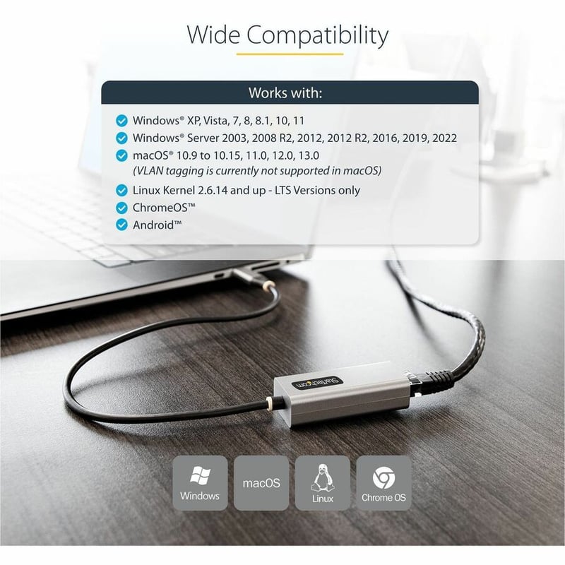 StarTech.com USB-C to Ethernet Adapter, 10/100/1000 Mbps, Gigabit Network Adapter, ASIX AX88179A, 1ft/30cm Cable, Windows/macOS/Linux - Thumbnail 4