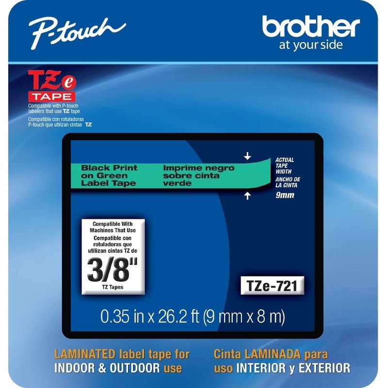 Brother TZe-721CS, 0.35" x 26.2', Black on Green Laminated Label Tape