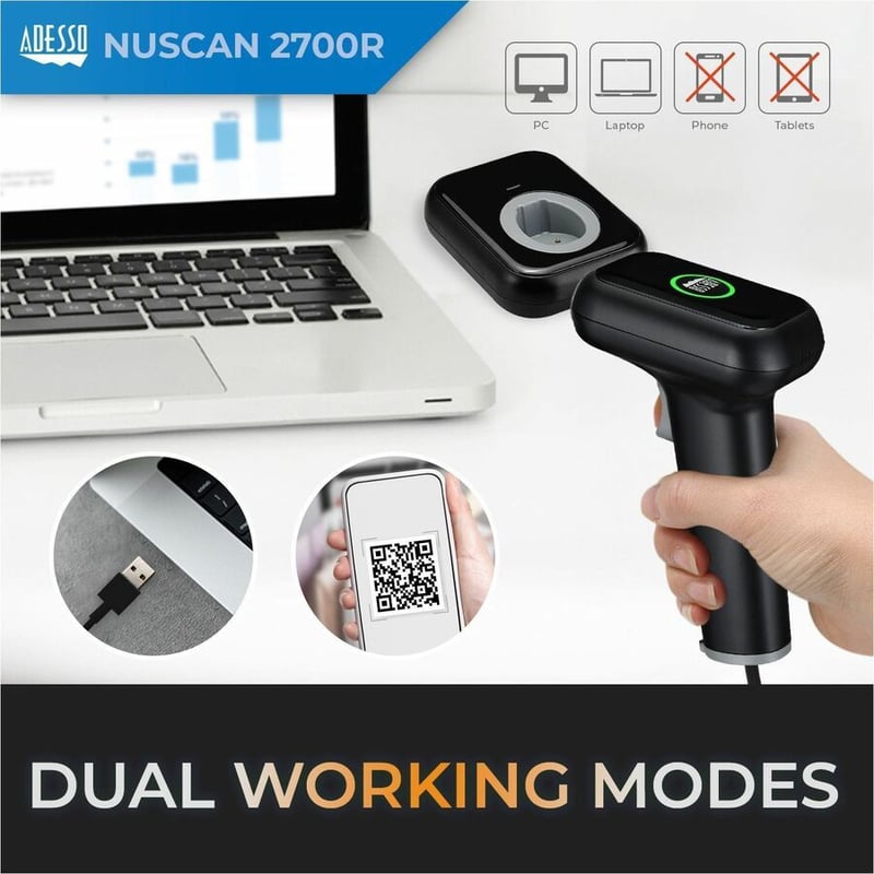 Adesso NuScan 2700R 2D Wireless Barcode Scanner with Charging Cradle - Thumbnail 2
