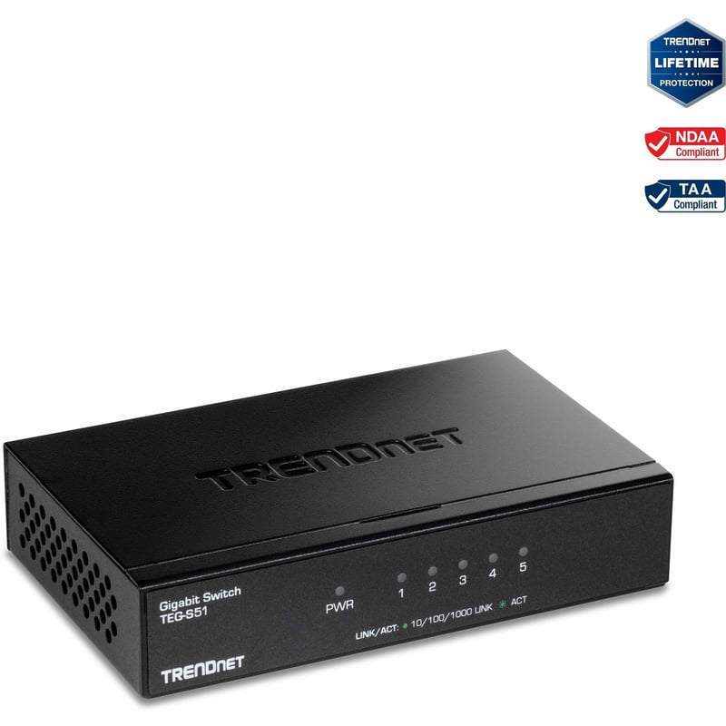 TRENDnet 5-Port Gigabit Desktop Switch, TEG-S51, 5 x Gigabit RJ-45 Ports, 10Gbps Switching Capacity, Fanless Design, Metal Enclosure, Lifetime Protection, Black - Thumbnail 1