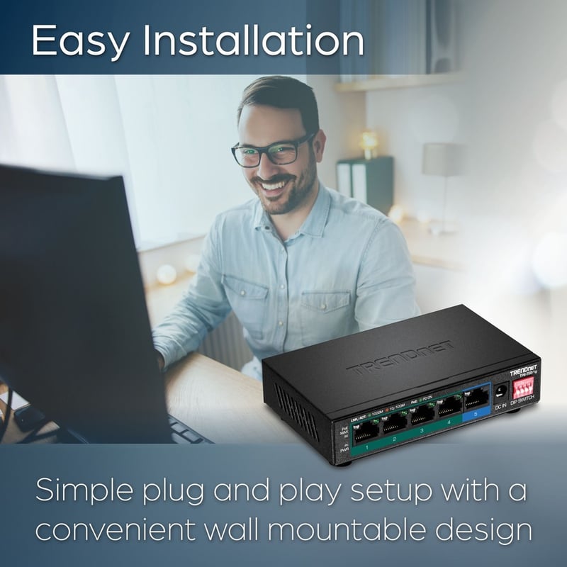 TRENDnet 5-Port Gigabit PoE+ Switch, Camera DIP Switch extends PoE+ 200m (656 ft.), 60W PoE Budget, Black, TPE-TG51g - Thumbnail 5