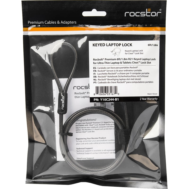 Rocbolt C21 Security Cable With Key Lock and (2) Keys - For Ultra-thin Laptop, Ultrabook Devices - Compatible Cleat™ Locking Technology - Galvanized Steel, Nickel, Zinc Alloy - 6 ft - Compatible with K67890WW & K64444WW - TAA COMPLIANT - FOR WITH - Thumbnail 2