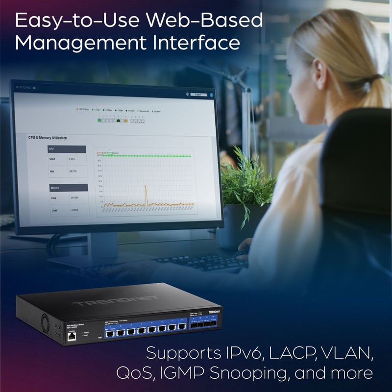 TRENDnet 12-Port 10G Web Smart Switch, 8 x 10G RJ-45 Ports, 4 x SFP+ Slots, VLAN, QoS, LACP, and IPv6 Support, Web Smart Management, Rack Mountable Housing, Lifetime Protection, Black, TEG-7124WS - Thumbnail 5