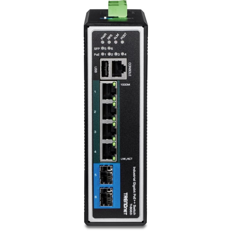 TRENDnet 6-Port Industrial Gigabit L2+ Managed PoE++ DIN Rail Switch, 4 x Gigabit PoE++ Ports, DIN-Rail Mount, 2 x SFP Slots, IP30, VLAN, QoS, LACP, Bandwidth Management, ERPS, Black, TI-BG62i - Thumbnail 3