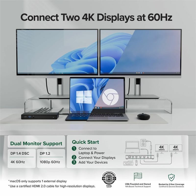 Plugable USB C Docking Station Dual Monitor 2 HDMI Ports, Power Delivery Dock, Dual 4K Monitor for Windows, ChromeOS