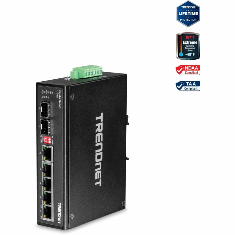 TRENDnet 6-Port Hardened Industrial Gigabit DIN-Rail Switch, 12 Gbps Switching Capacity, IP30 Rated Metal Housing -40 to 75 C (-40 to 167 F),DIN-Rail & Wall Mounts Included, Lifetime Protection, Black, TI-G62 - Thumbnail 1